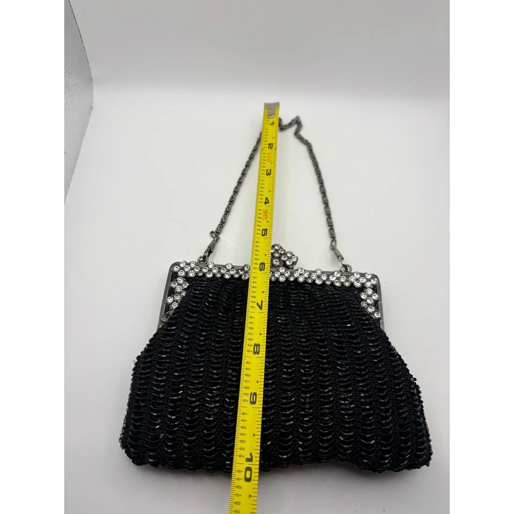 Vtg Black Beaded Evening Bag Rhinestone Frame Kiss Lock Clutch Gunmetal‎ Chain